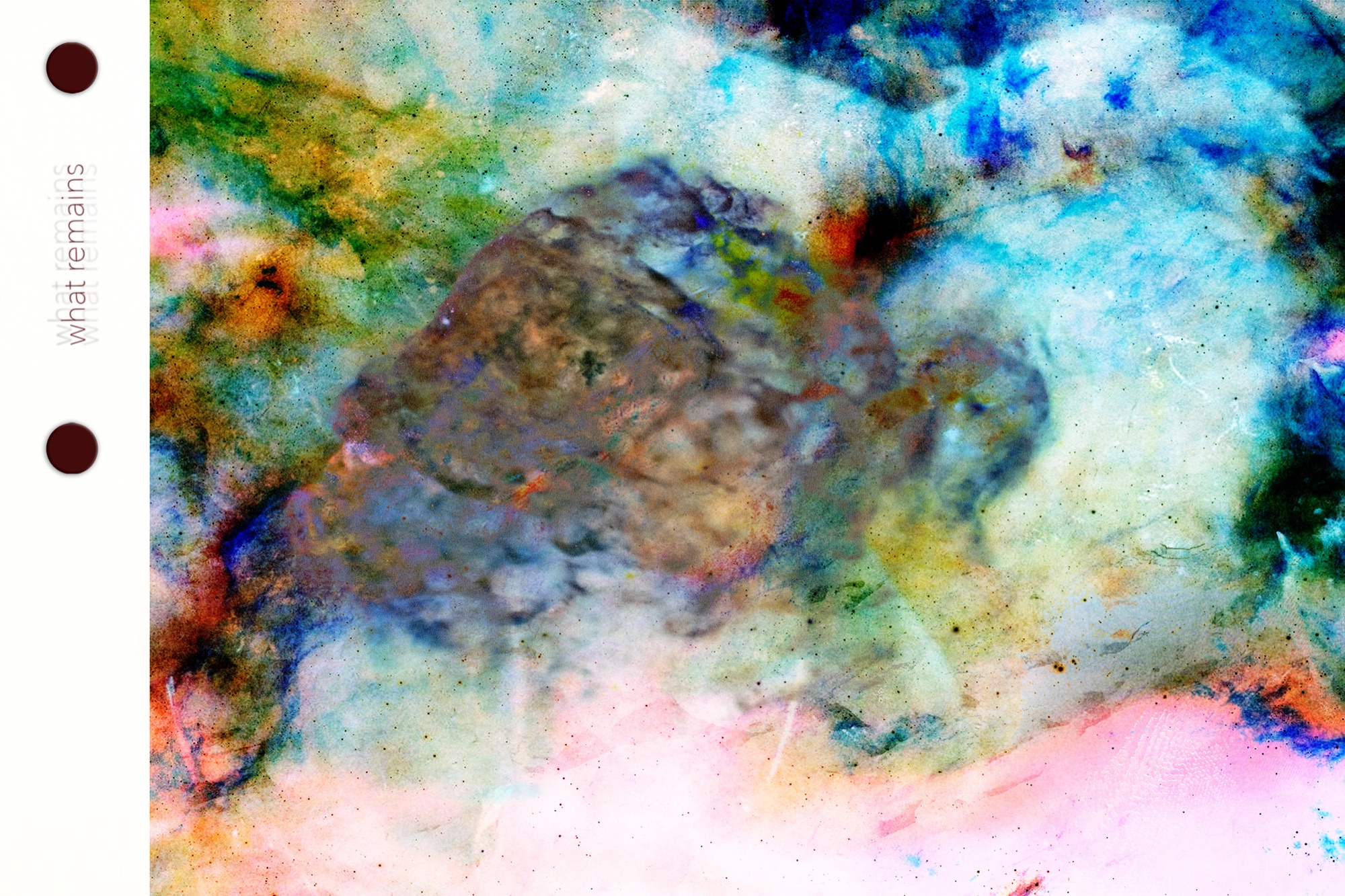 What Remains — watercolor field of blues, greens, orange, pink with a stone-like form held at center